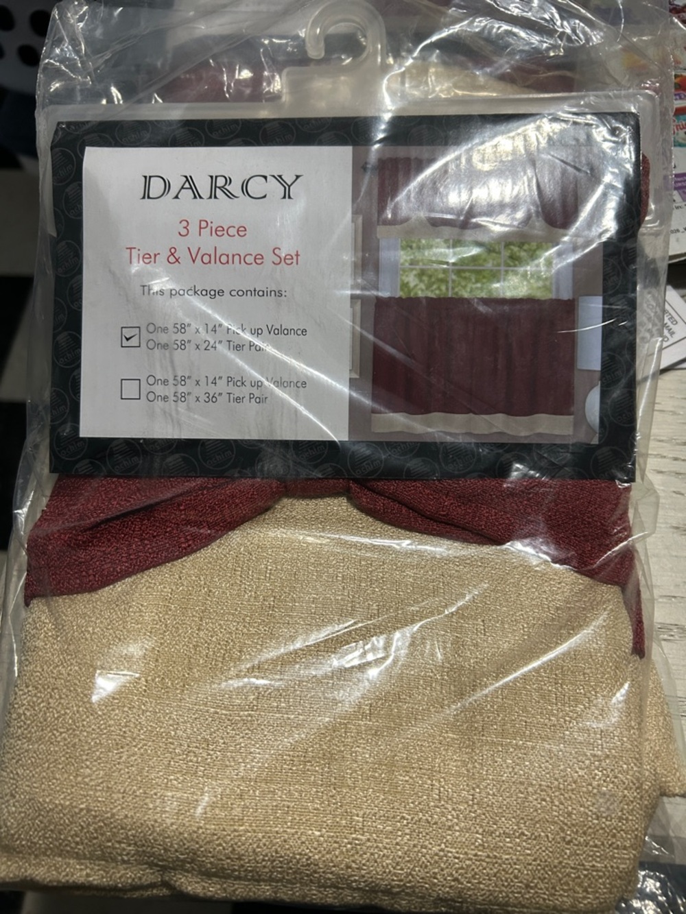 3-Piece Tier & Valance Set in Burgundy and Beige Set of 2